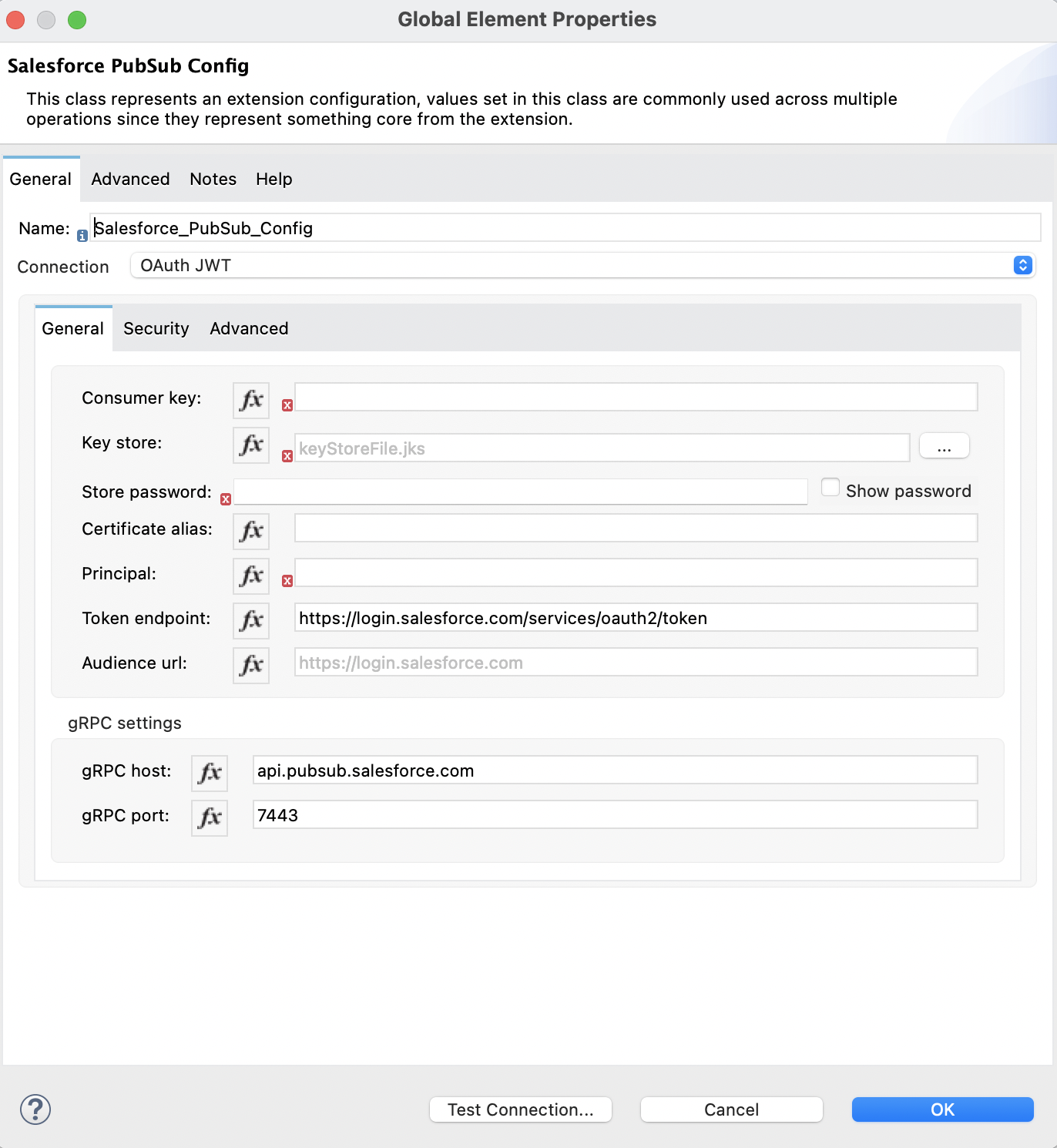 [Connection (接続)] セクションでは [OAuth JWT] が選択され、[General (一般)] タブでは認証項目が入力されている