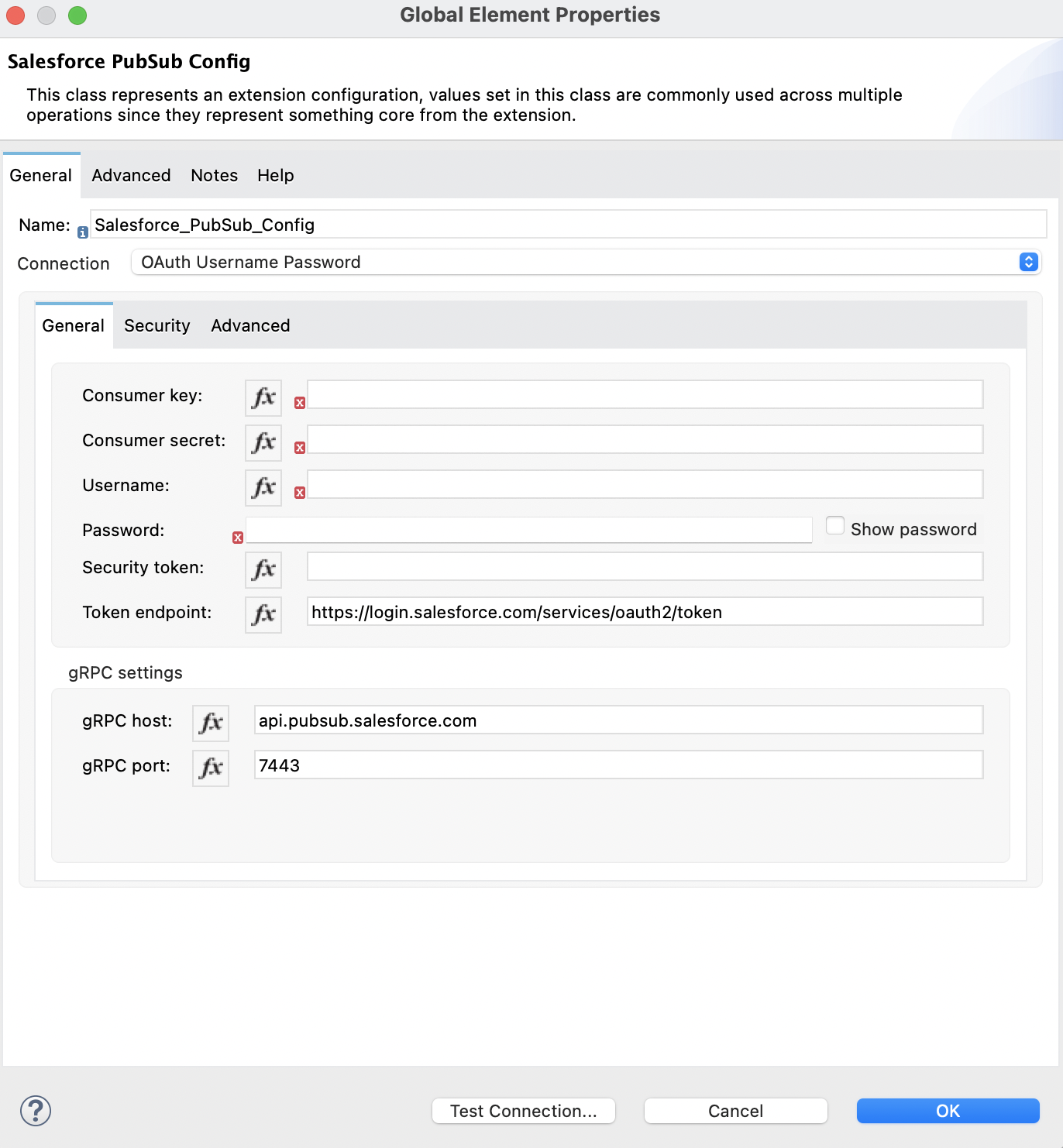 [Connection (接続)] セクションでは [OAuth Username Password (OAuth ユーザー名/パスワード)] が選択され、[General (一般)] タブでは認証項目が入力されている