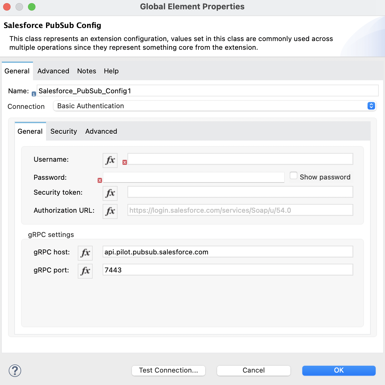 [Connection (接続)] セクションでは [Basic Authentication (基本認証)] が選択され、[General (一般)] タブでは認証項目が入力されています。