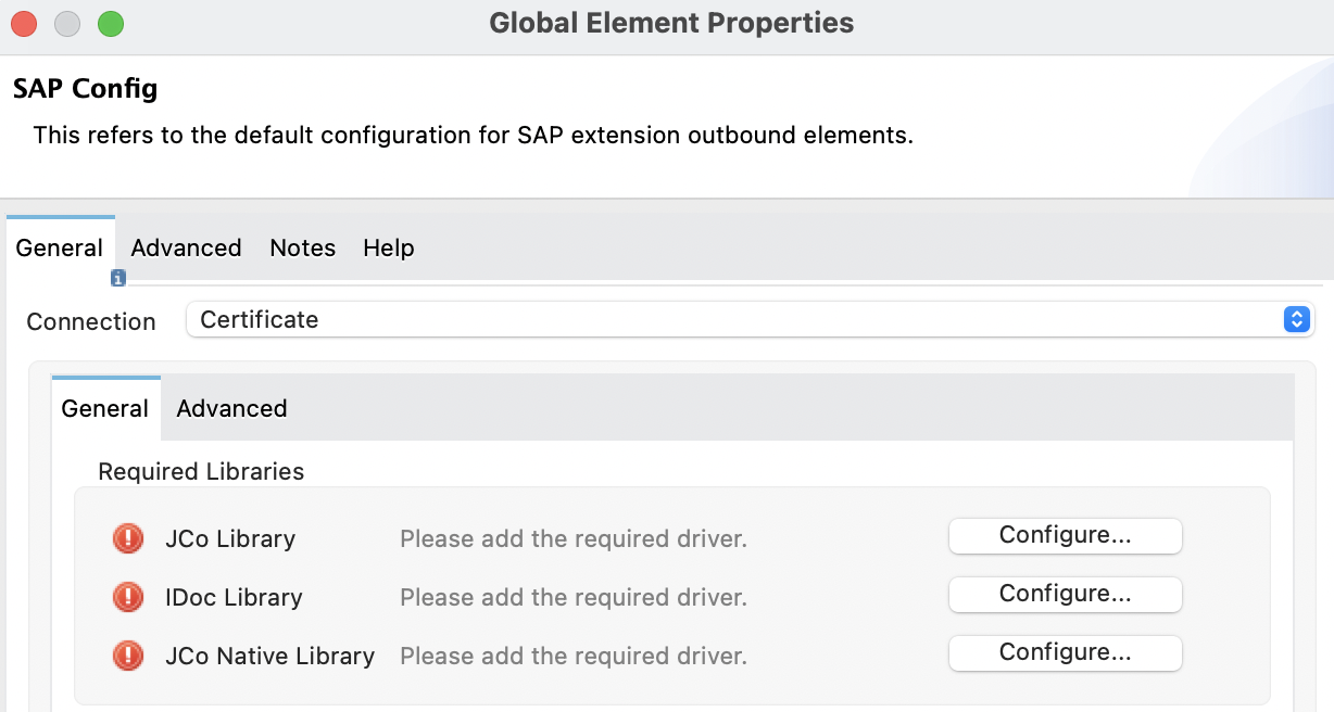 欠落しているライブラリが表示されている [Global Element Properties (グローバル要素プロパティ)] ウィンドウ