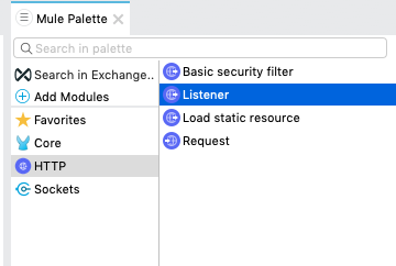 「Mule Palette (Mule パレット)」 ビューで 「HTTP」 の 「Listener」 が選択されている