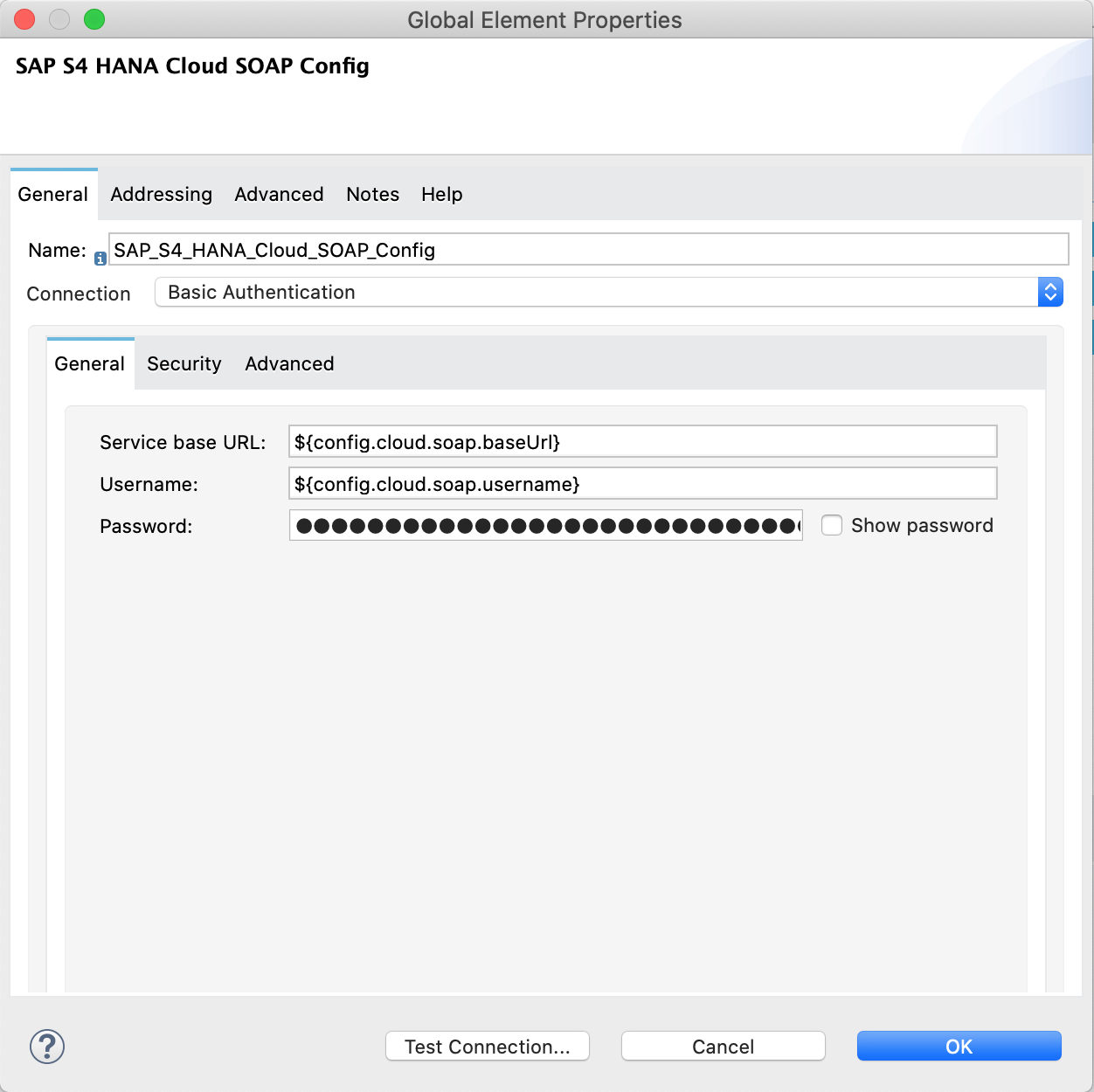 Invoke 操作のサンプル値を含む [SAP S/4HANA SOAP Configuration (SAP S/4HANA SOAP 設定)] ウィンドウ