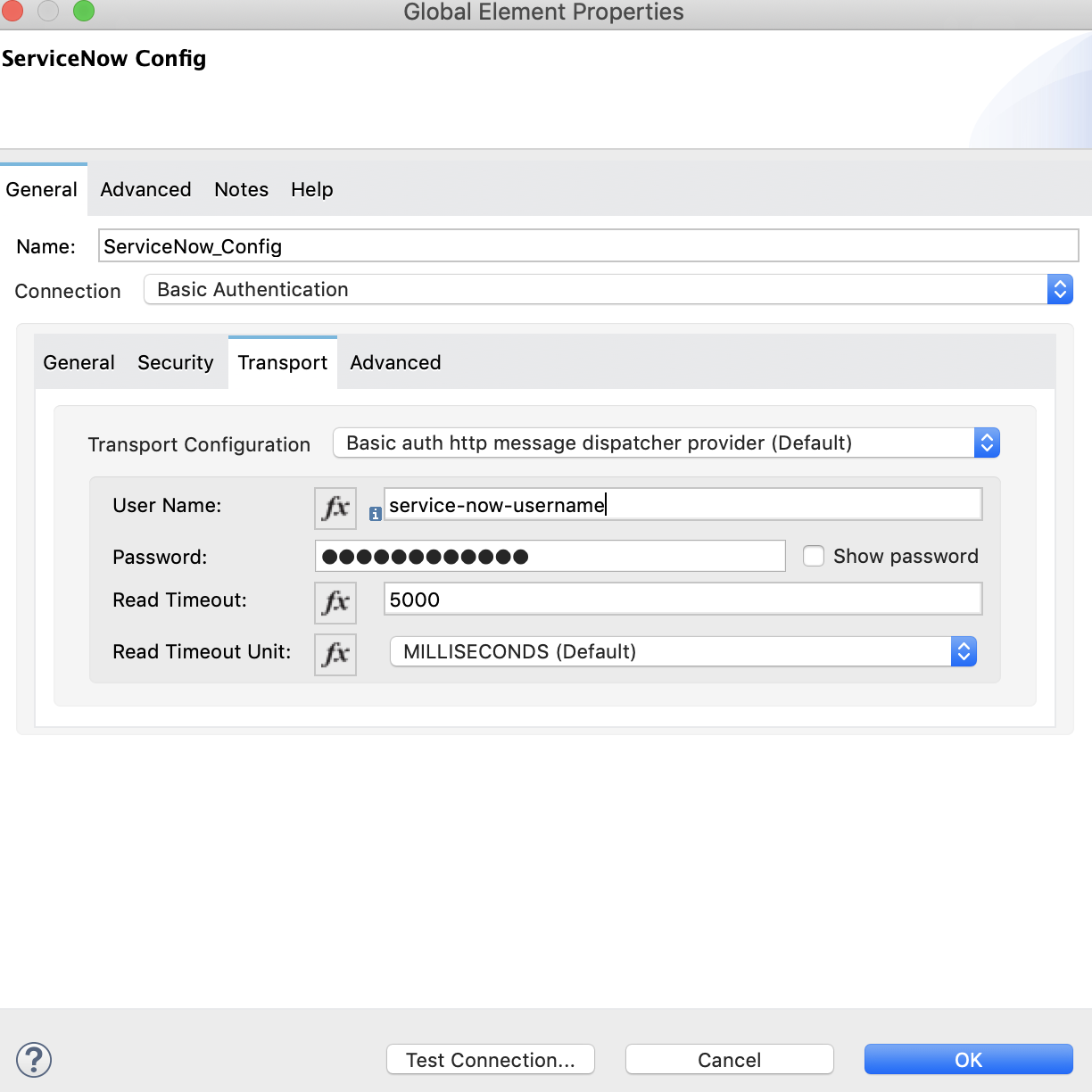 ServiceNow Studio 設定の [Transport] タブ
