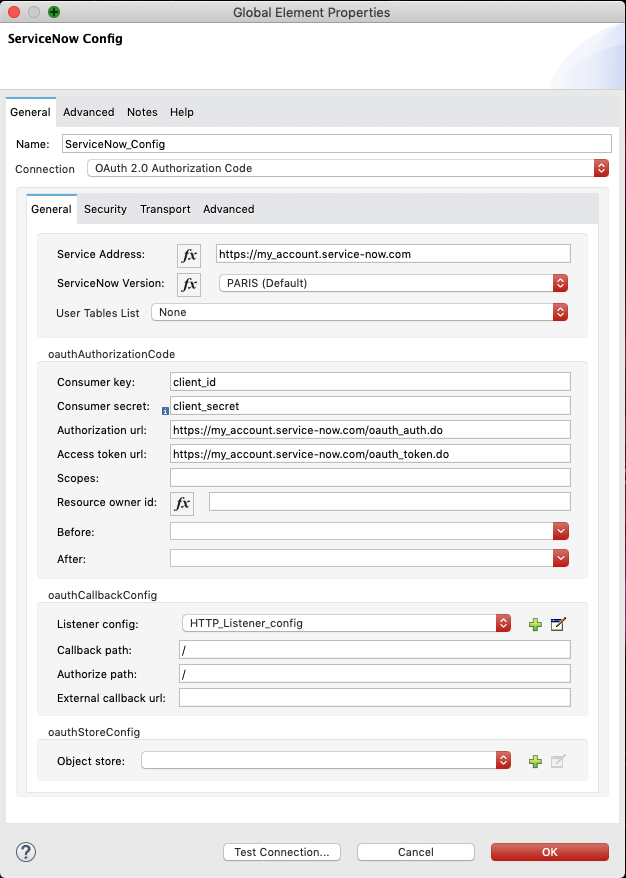 OAuth 2.0 認証コードによる認証を設定するための [General (一般)] タブ