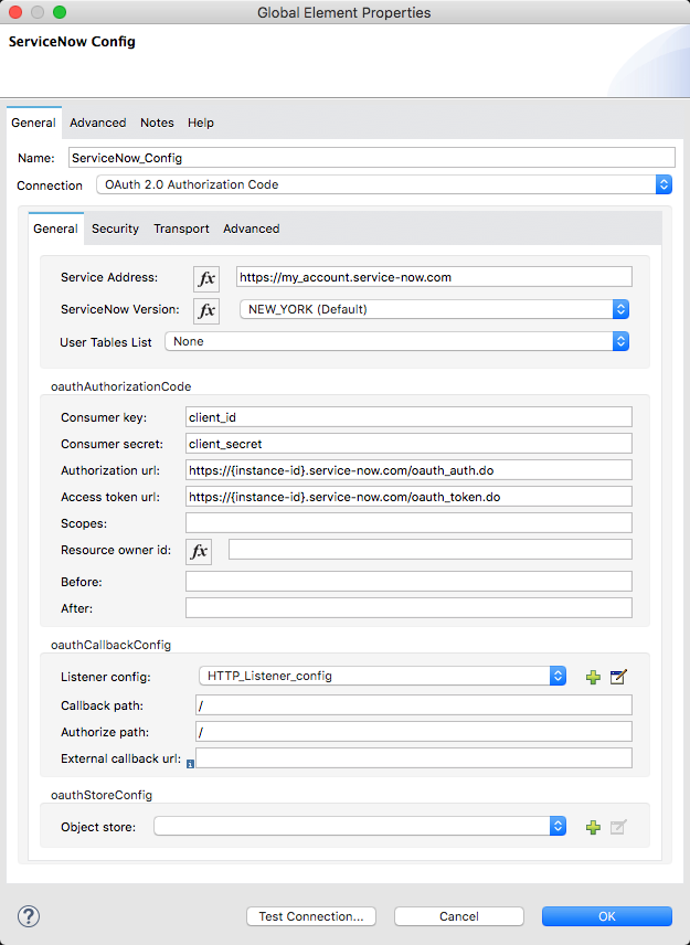 OAuth 2.0 認証コードによる認証を設定するための [General (一般)] タブ