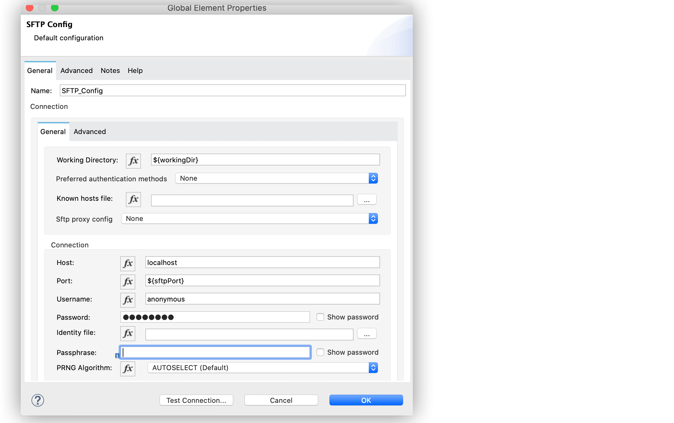 SFTP Connector の [Global Element Configuration (グローバル要素設定)]
