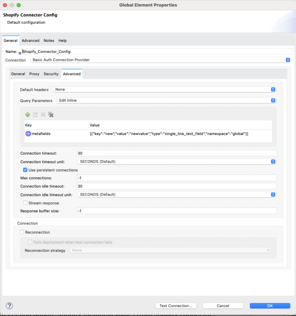 Shopify のメタフィールド値を取得して更新するための設定が入力されているグローバル要素プロパティウィンドウ