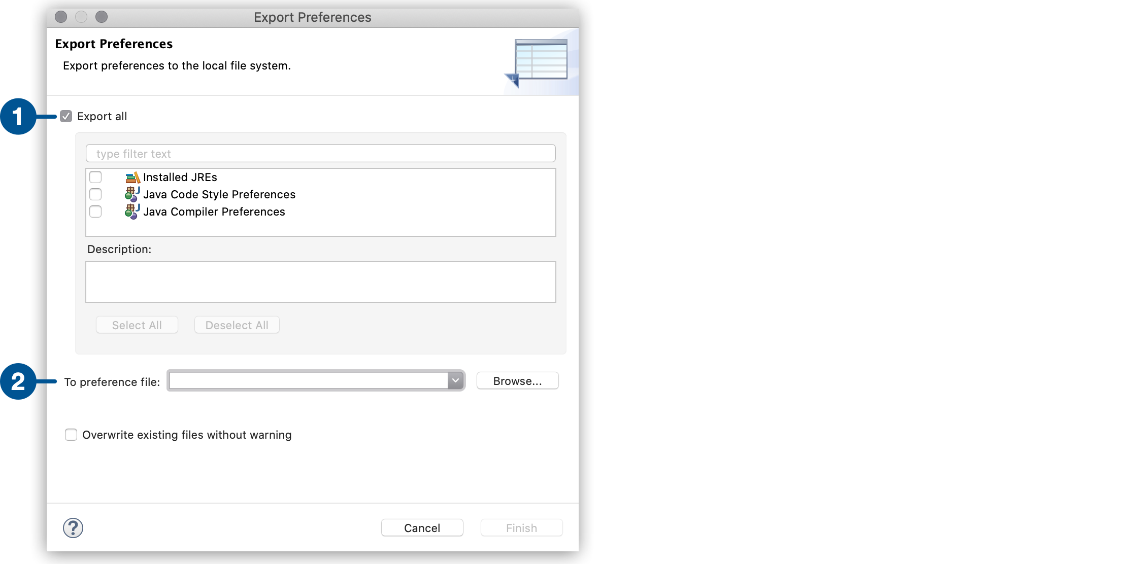 export preferences configure