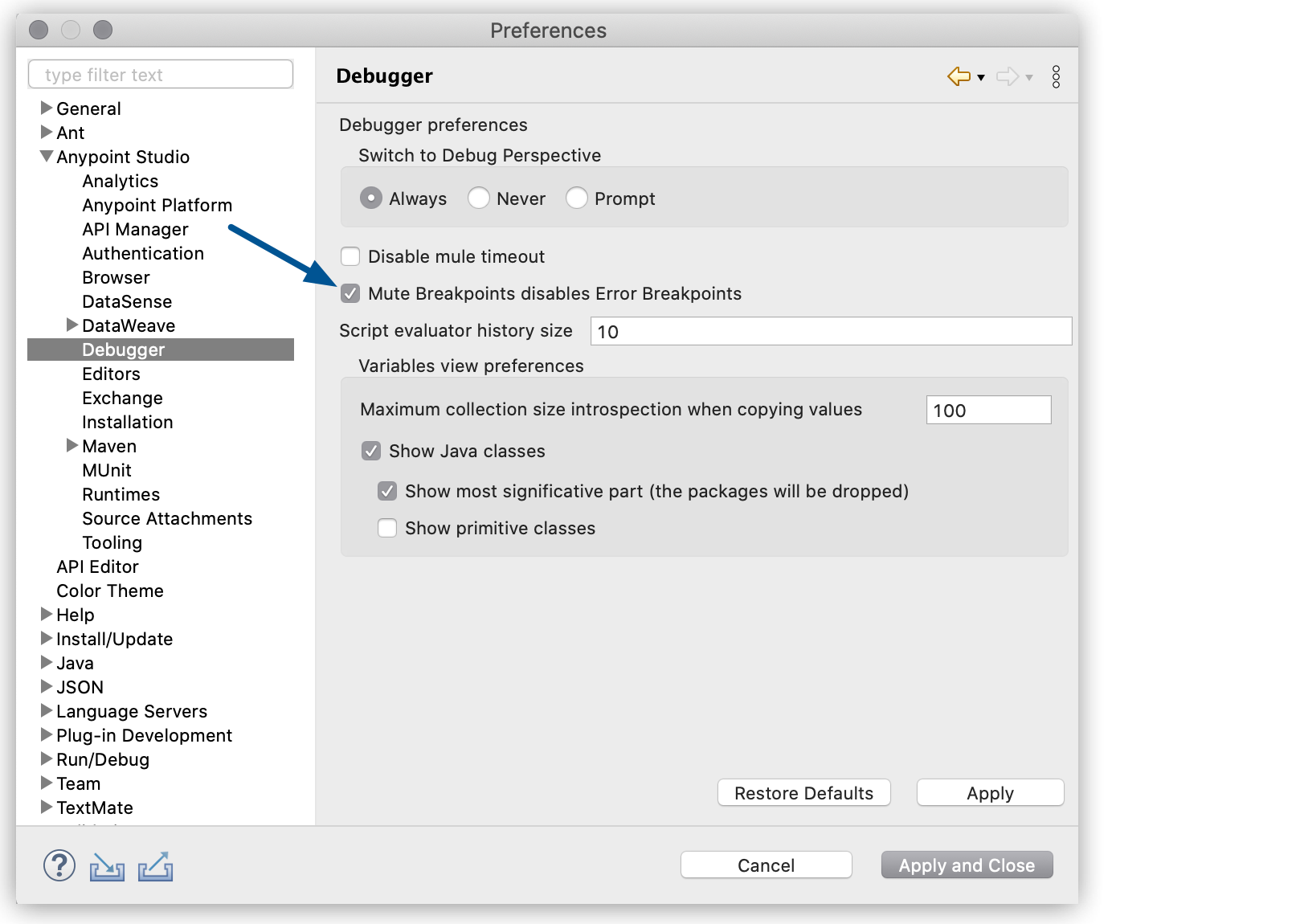 mute disable error breakpoints