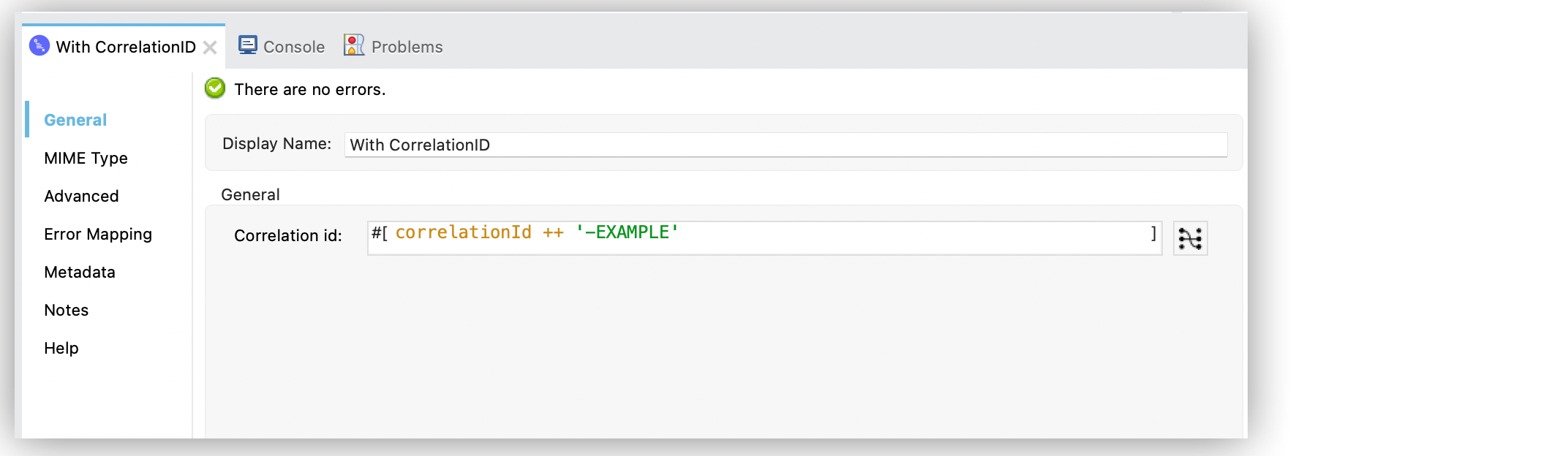 [Correlation ID (相関 ID)] 項目がある With CorrelationID スコープの設定ウィンドウ