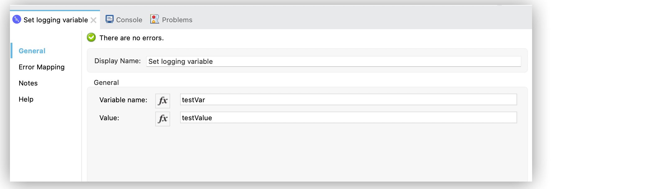 Set logging variable 操作の設定ウィンドウ