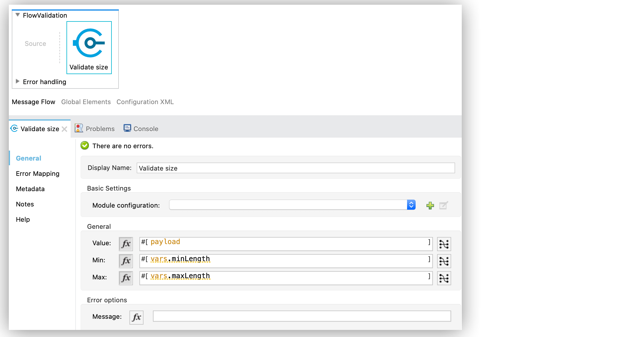 Validate size の設定