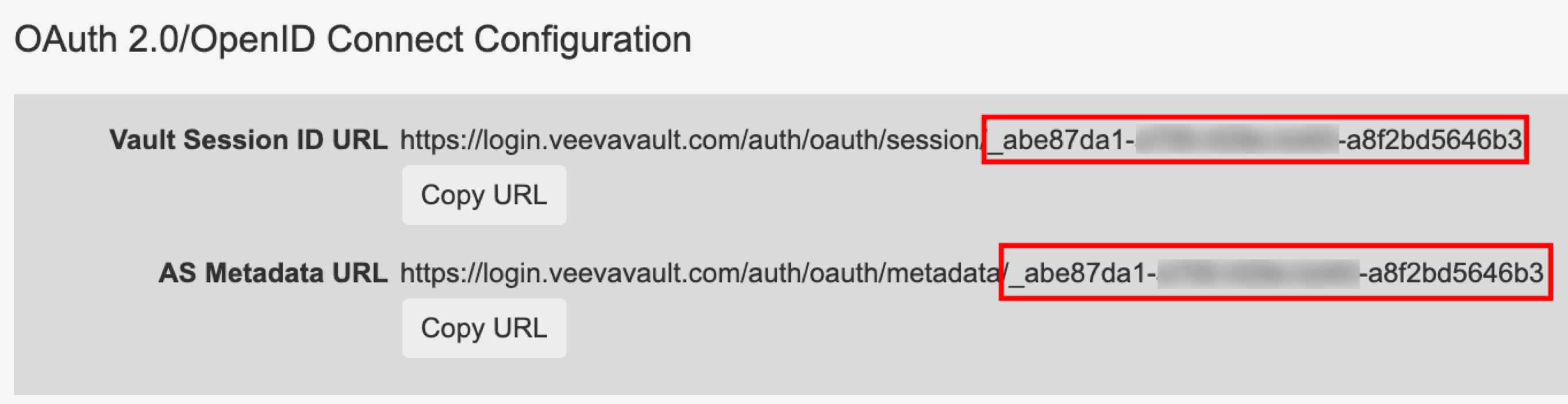 プロファイルを作成した後の新しいウィンドウの [Vault Session ID URL (Vault セッション ID URL)] および [AS Metadata URL (AS メタデータ URL)] 項目