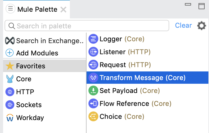 [Mule Palette (Mule パレット)] 内で選択されている Transform Message コンポーネント