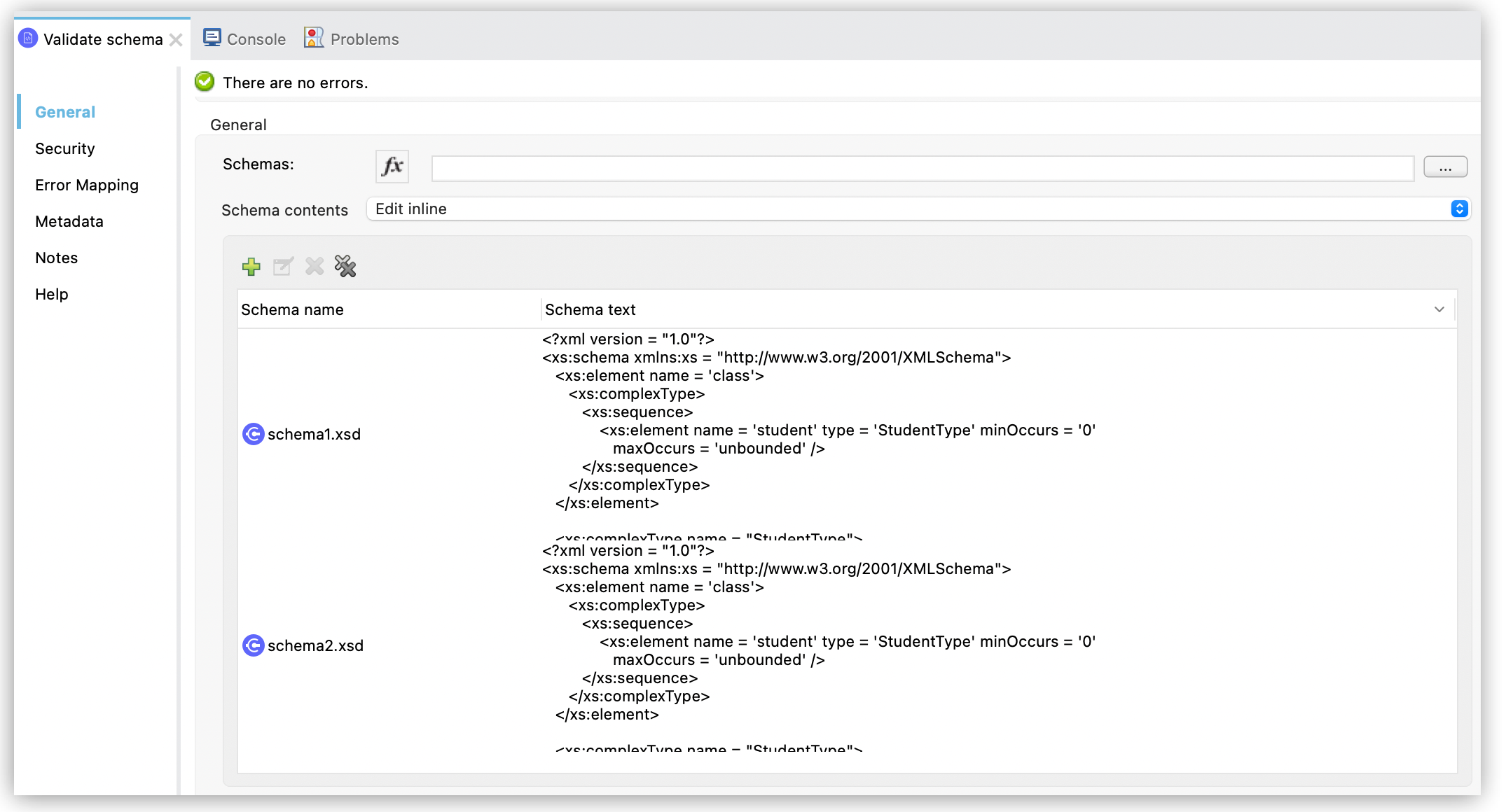 Validate schema の設定画面で [Edit inline (インライン編集)] に設定された [Schema content (スキーマコンテンツ)] 項目