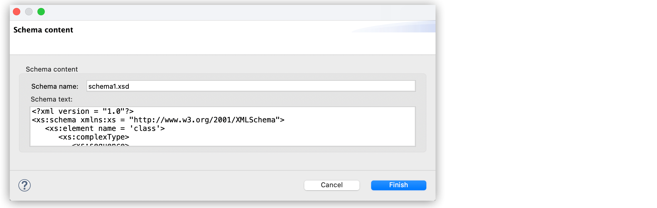 「Schema name (スキーマ名)」 項目と 「Schema text (スキーマテキスト)」 項目が含まれる 「Schema content (スキーマコンテンツ)」 ウィンドウ
