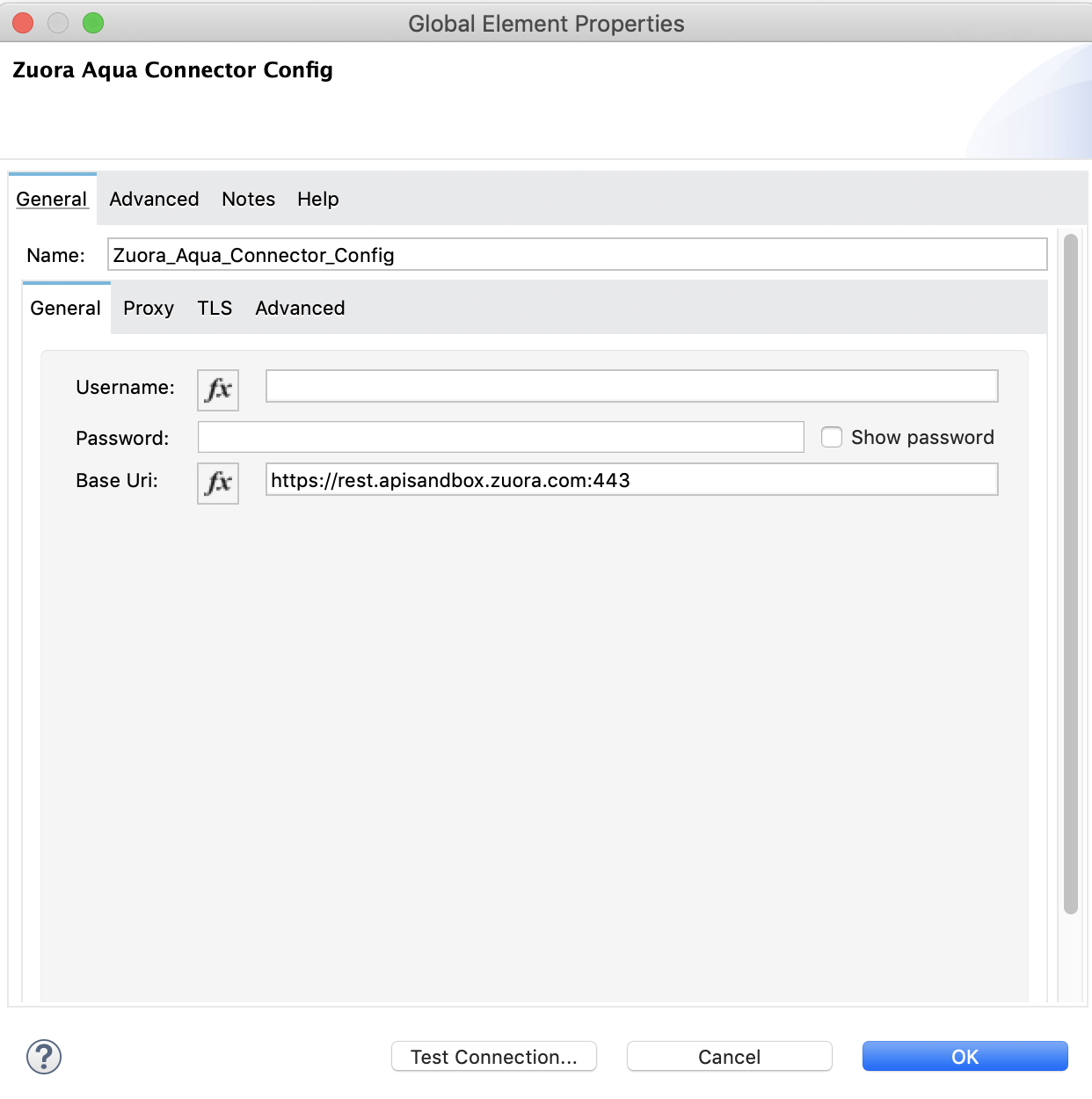 基本認証の [Global Element Properties (グローバル要素プロパティ)] ウィンドウ