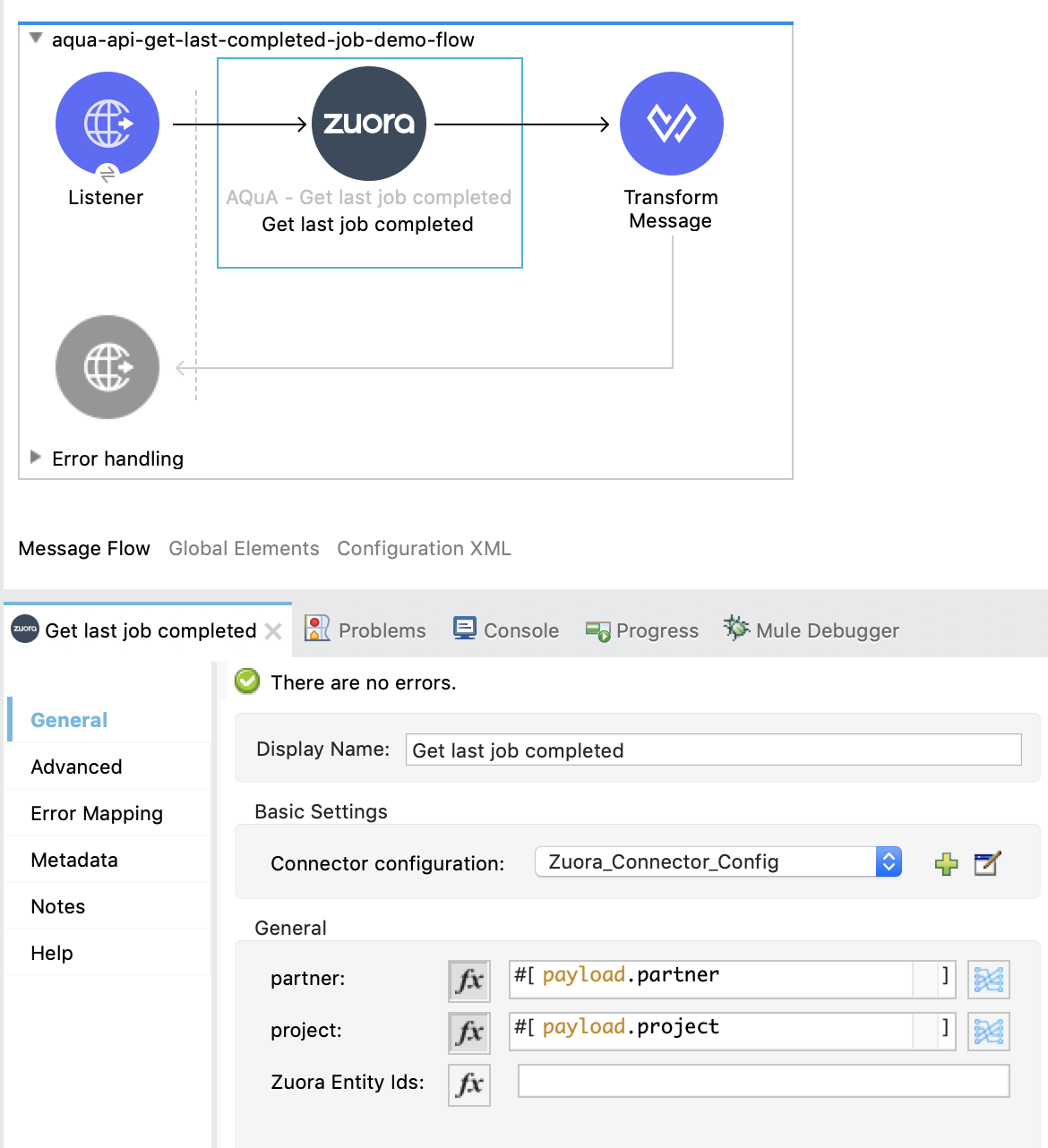 Listener、Get last job completed、Transform Message を含む Studio フロー