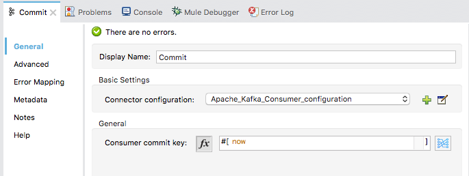 Kafka config panel in General tab for consumer config