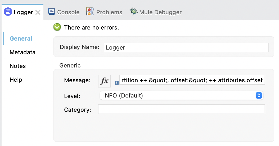 Logger properties window configuration