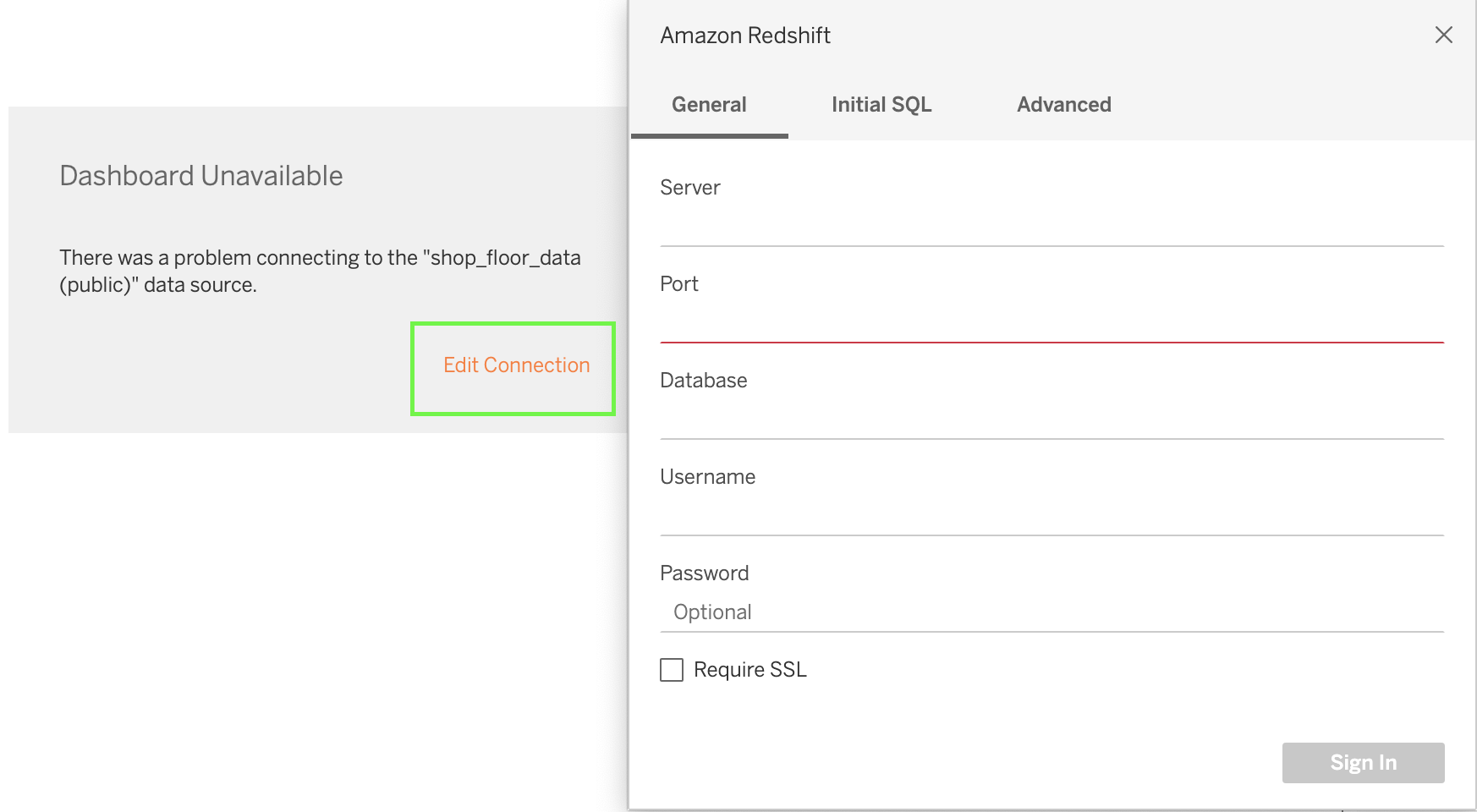 Tableau dialog for editing an Amazon Redshift connection