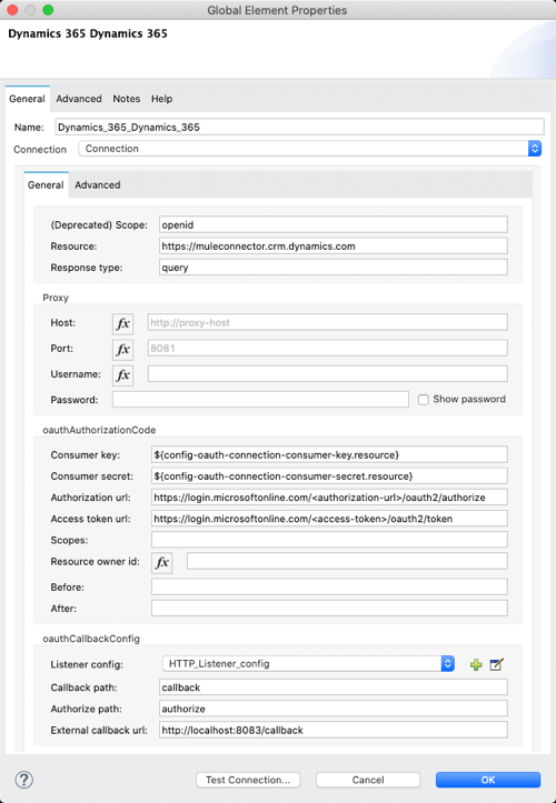 Global element configuration for OAuth Connection