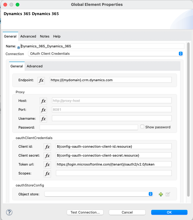 Global element configuration for OAuth 2.0 client credentials