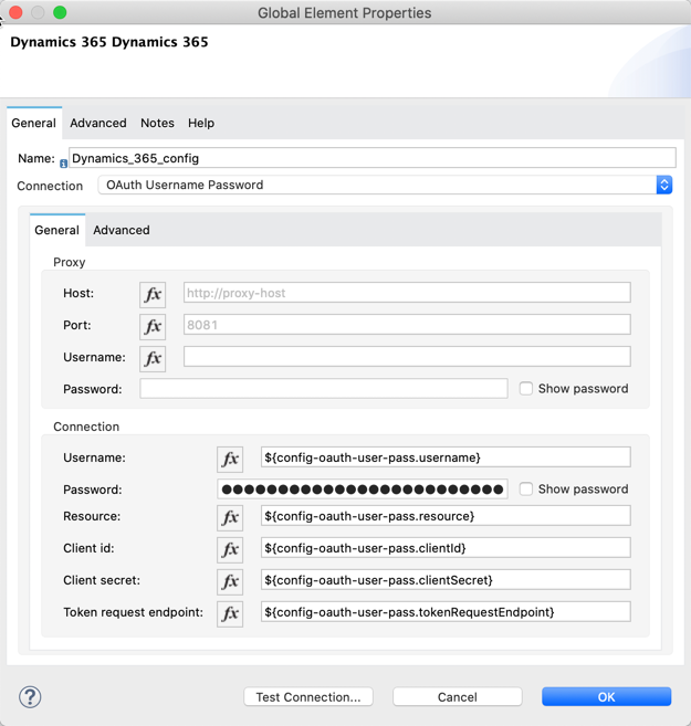 Global element configuration for OAuth 2.0 username and password