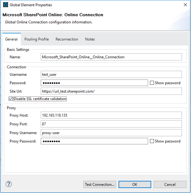 Test Connection button in global elements properties window