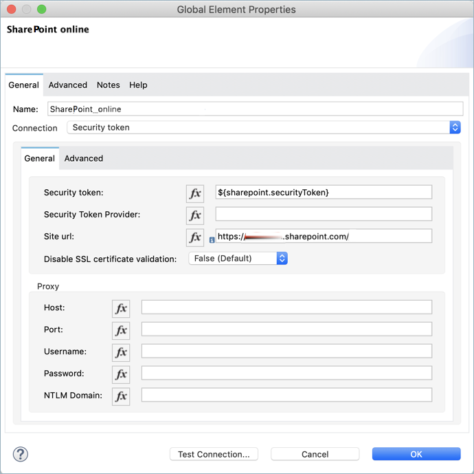 Security token connection configuration in global element properties window