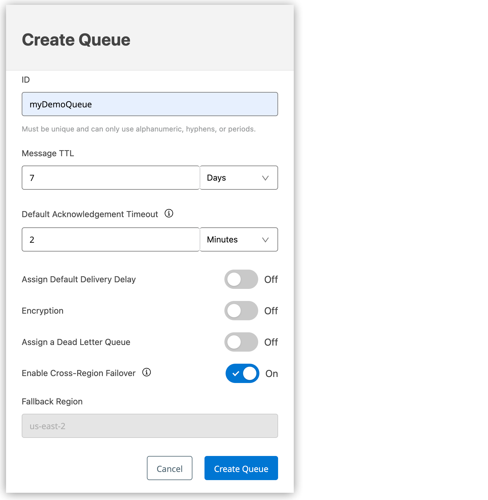Create Queue popup dialog box with failover option selected