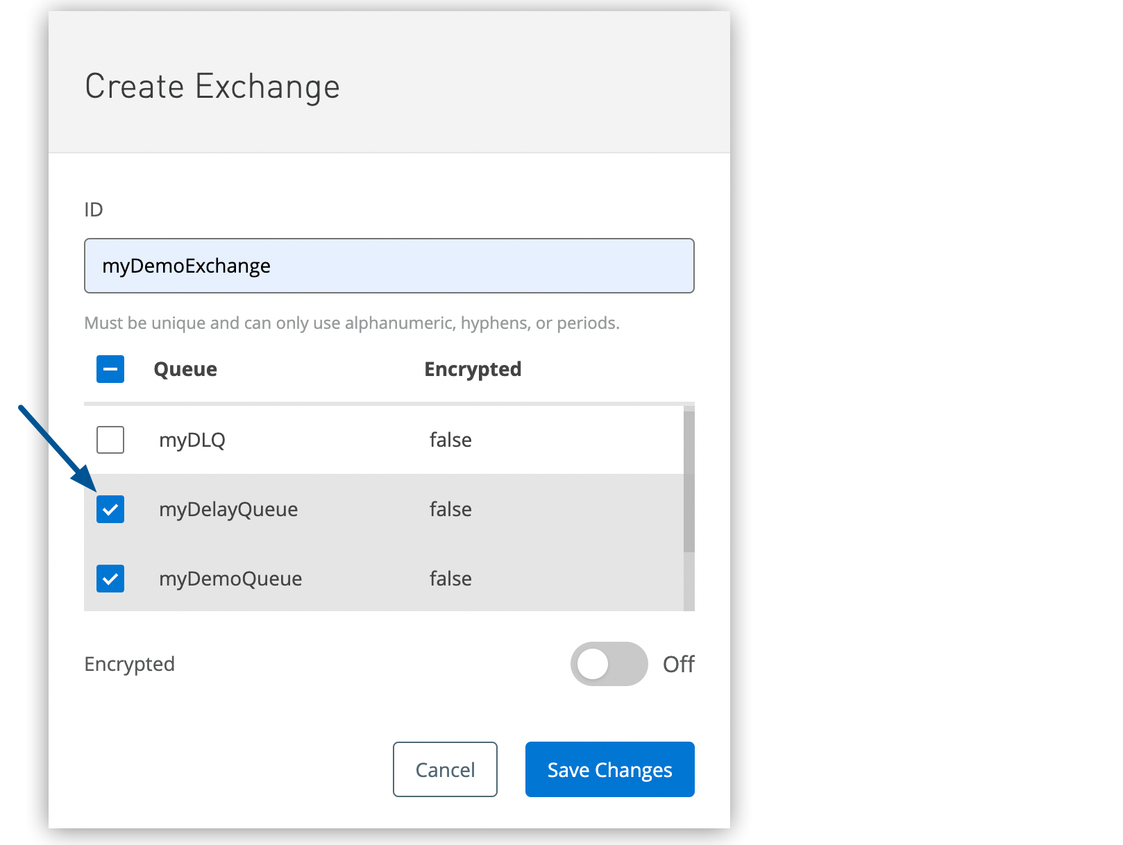 Checkboxes to bind queues to an exchange