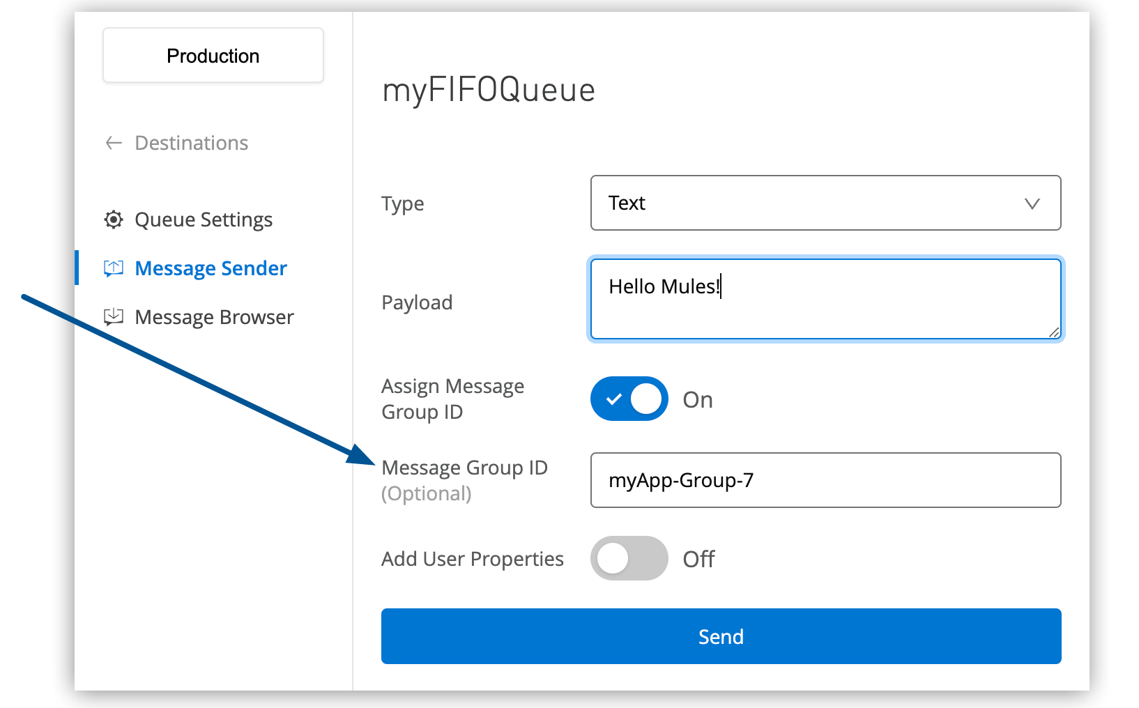 Message Group ID field for FIFO queues in the Message Sender page