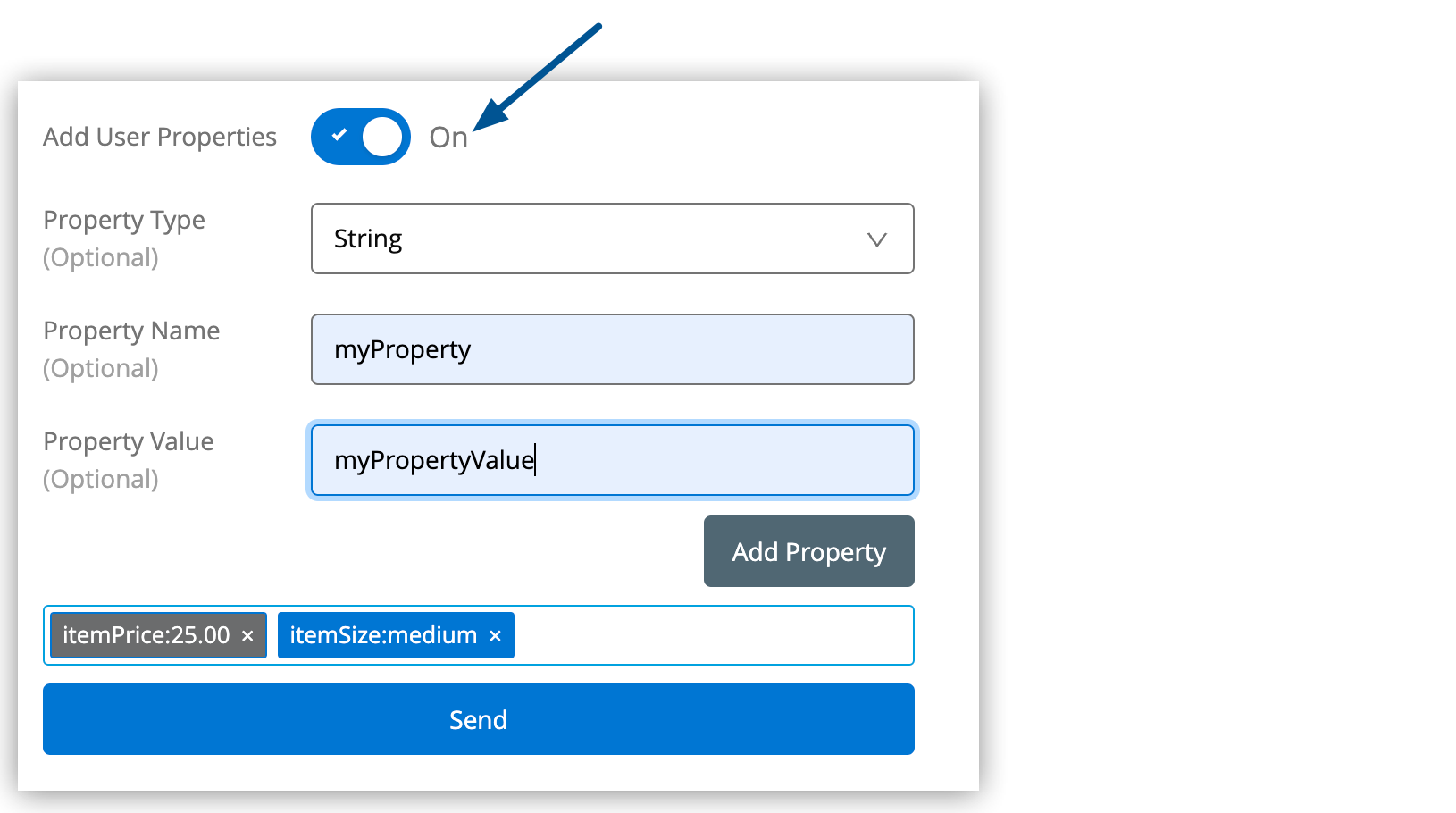 Add User Properties toggle in the Message Sender page
