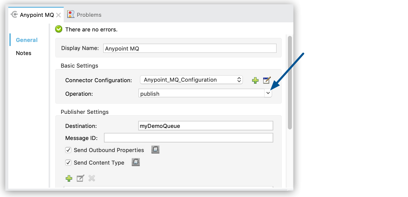 Operation and Destination fields in the Anypoint MQ properties window