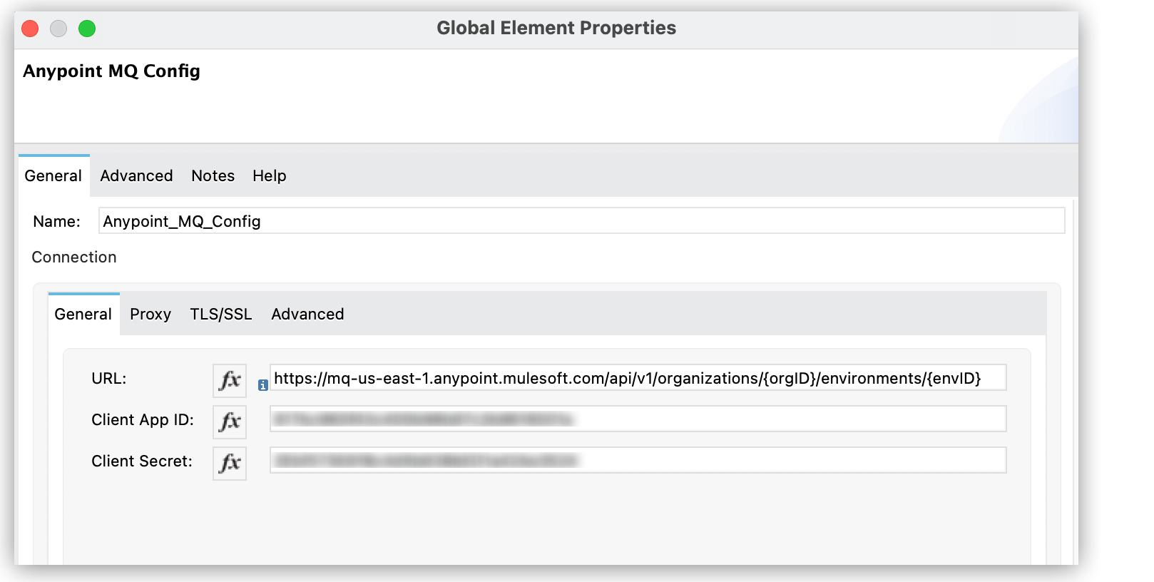 URL, Client App ID, and Client Secret fields in the Anypoint MQ Config window