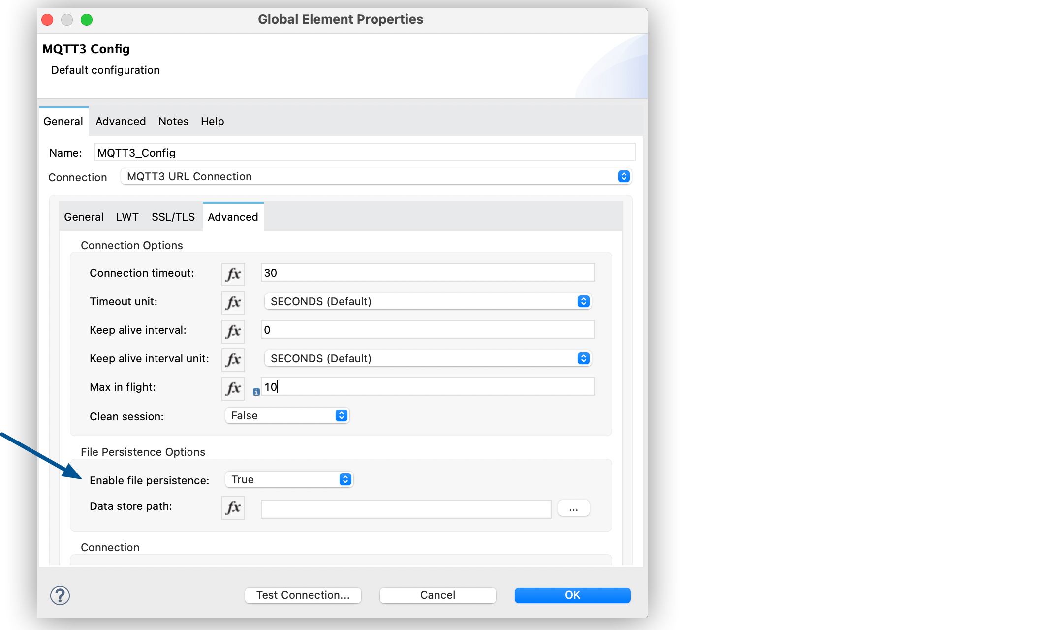 MQTT3 Enable File Persistence configuration in Global Element Properties window