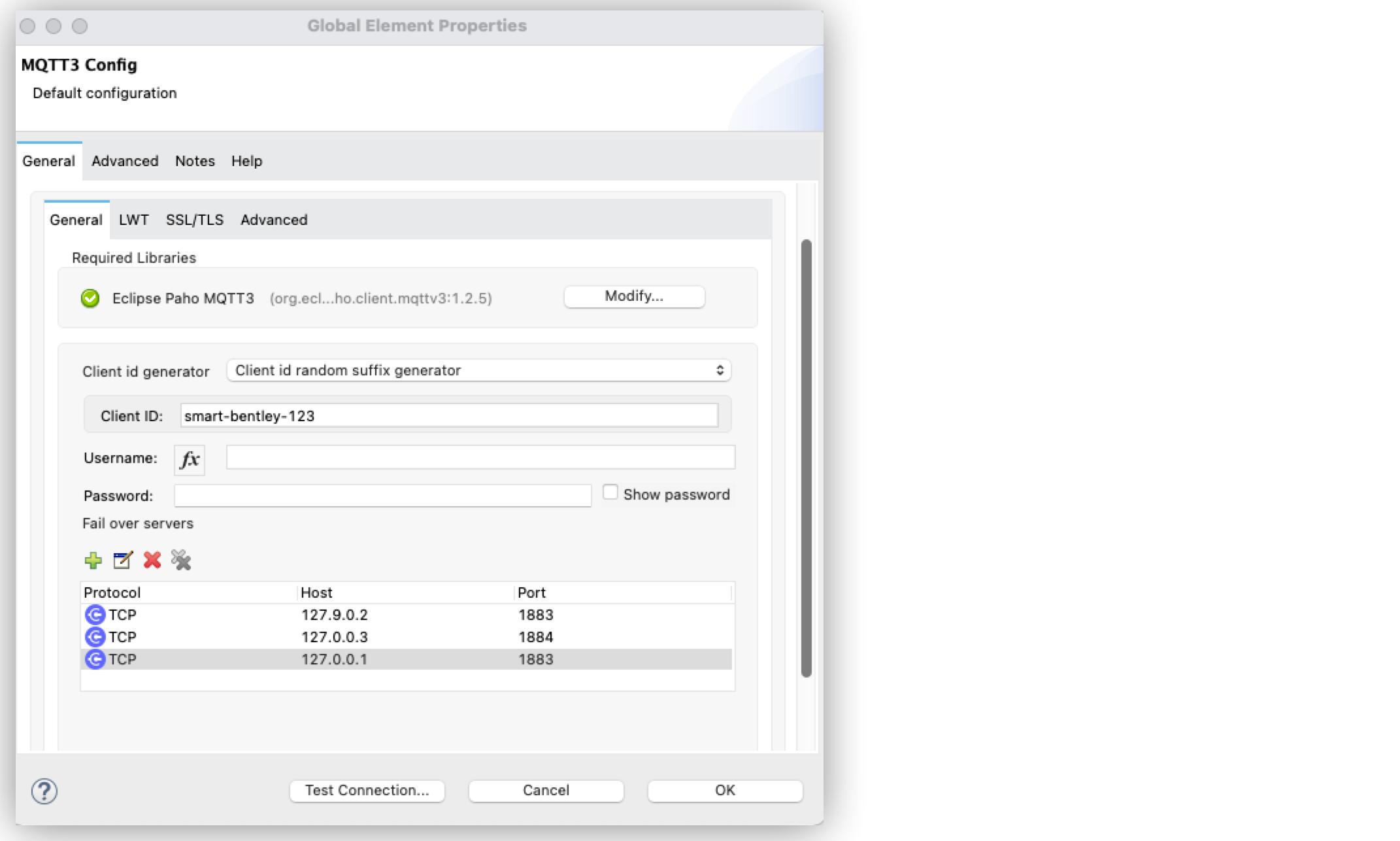 MQTT 3 Fail-Over Server List configuration in Global Element Properties window