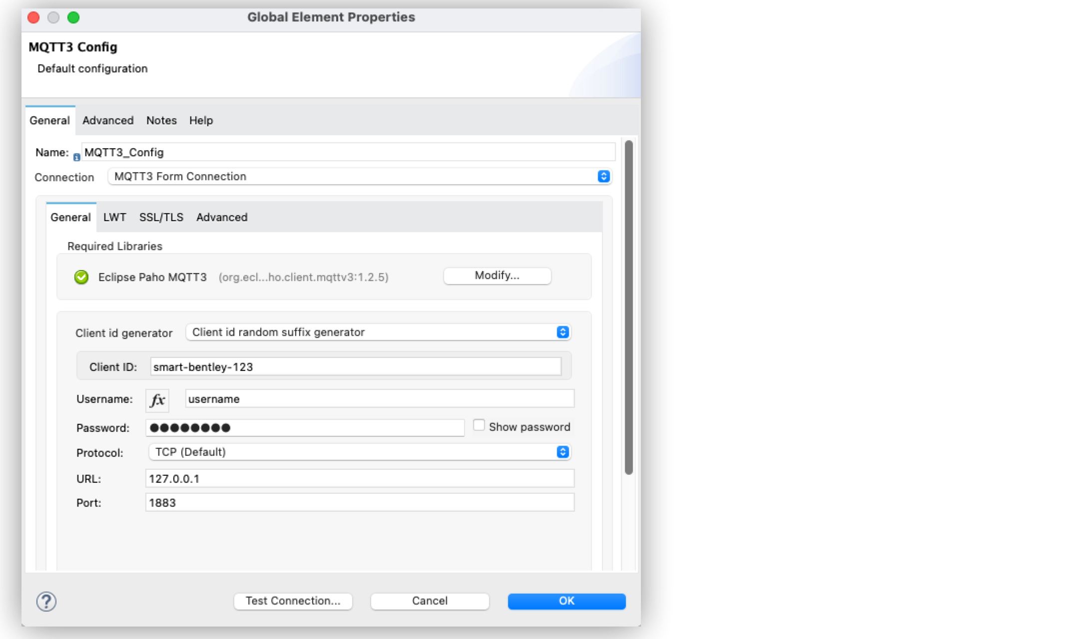 MQTT 3 Form Connection configuration in Global Element Properties window