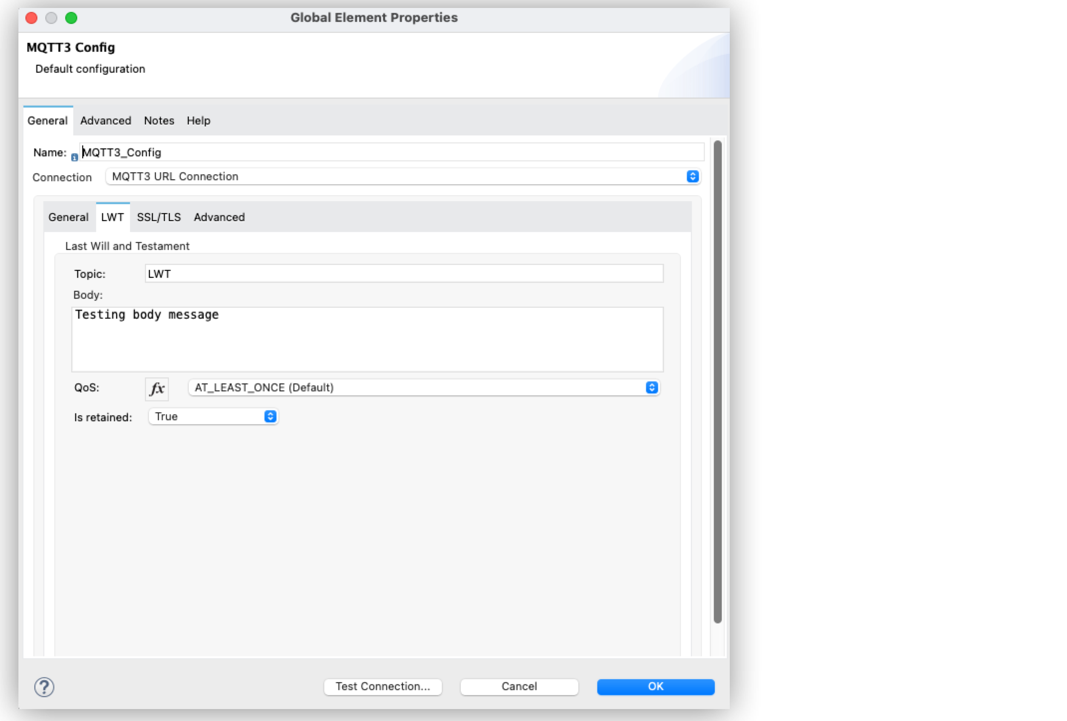 MQTT Config window with Last Will and Testament configuration window selected