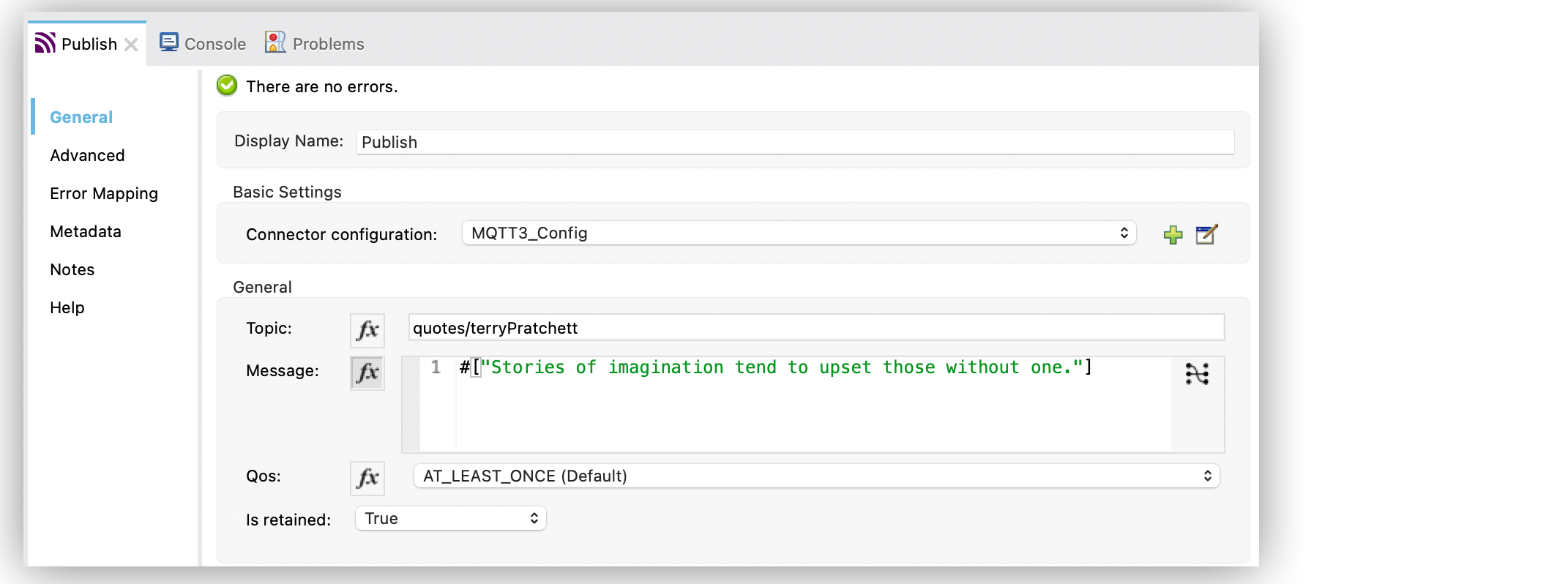 MQTT Publish operation configuration in Studio