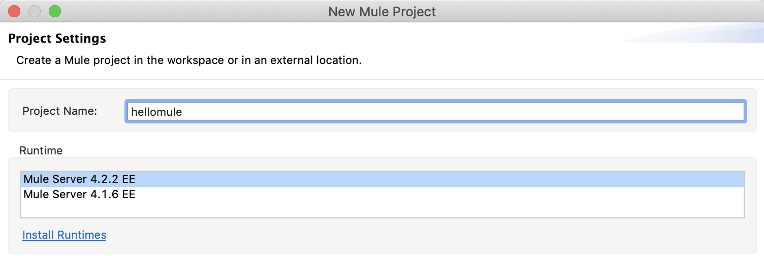 Dialog box for creating a new Mule project named 'Hello Mule' with options for selecting runtime versions