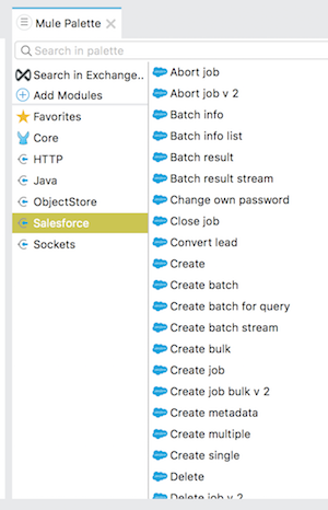 The Salesforce connector and its operations listed in Anypoint Studio
