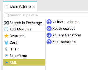 The XML module and its components, as listed in Anypoint Studio