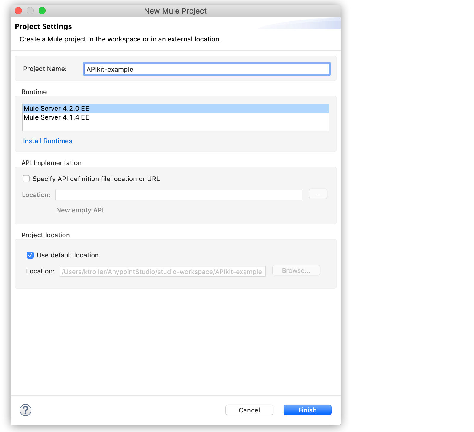 New Mule Project window without API specification