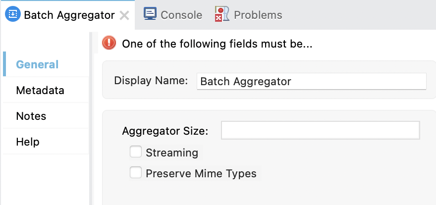 Batch Aggregator component fields in Anypoint Studio