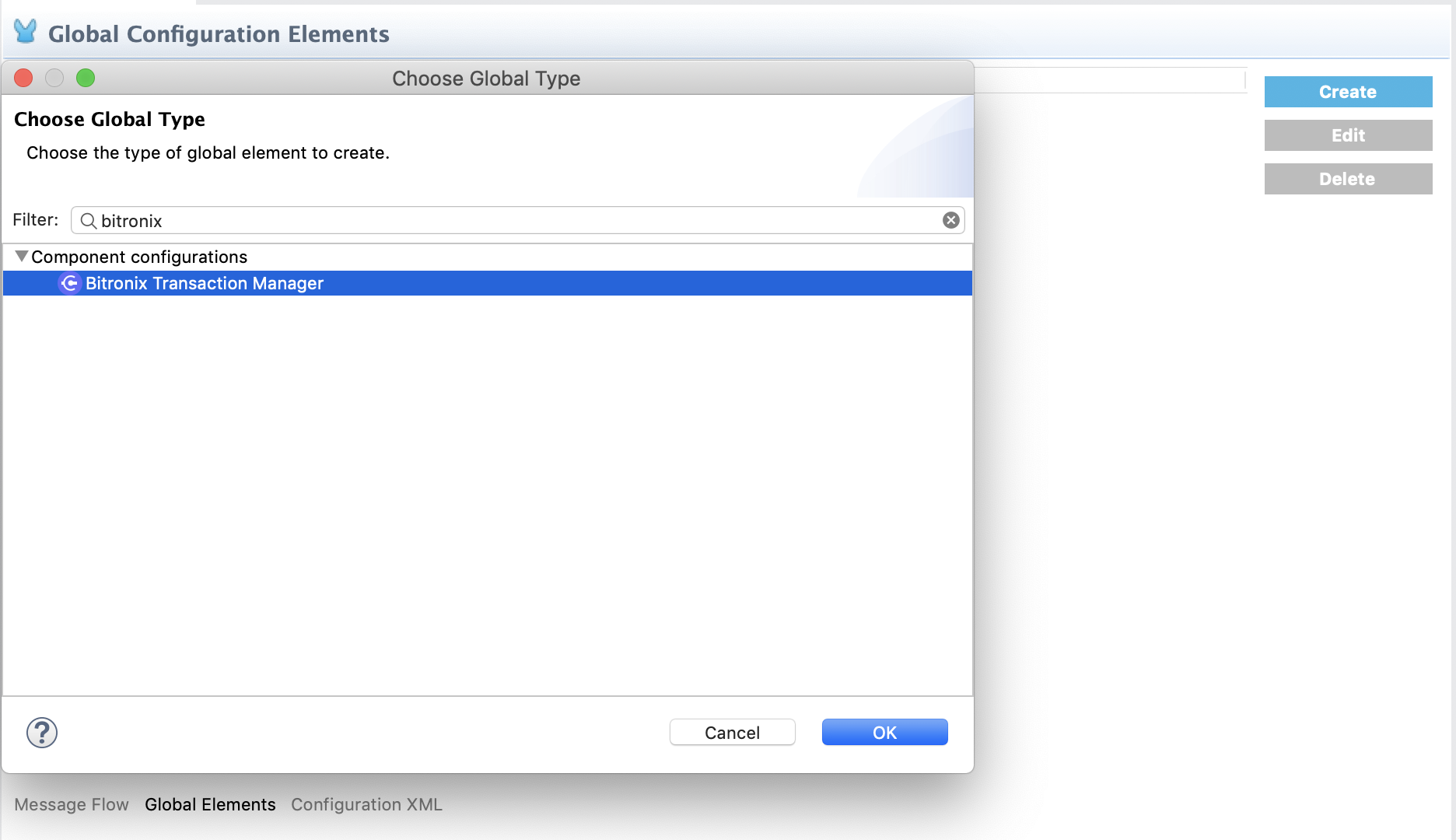 A configuration tab for selecting a global element type with options including Bitronix Transaction Manager in Anypoint Studio