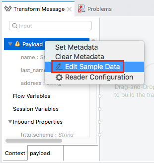 Edit sample data in a Transform Message tab in Anypoint Studio