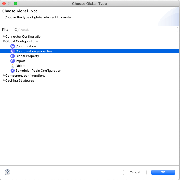 Configuration panel for choosing a global element type including Configuration Properties under Global Configurations in Anypoint Studio