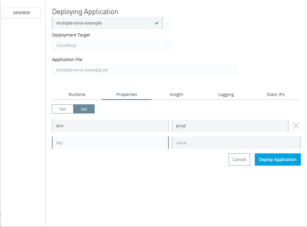 CloudHub deployment settings for an application with environment-specific properties